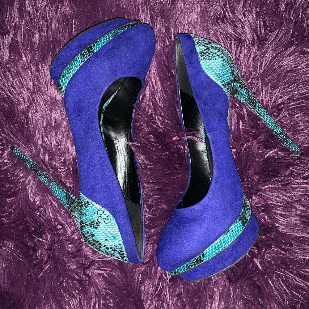 Blue and snakeskin platform heels